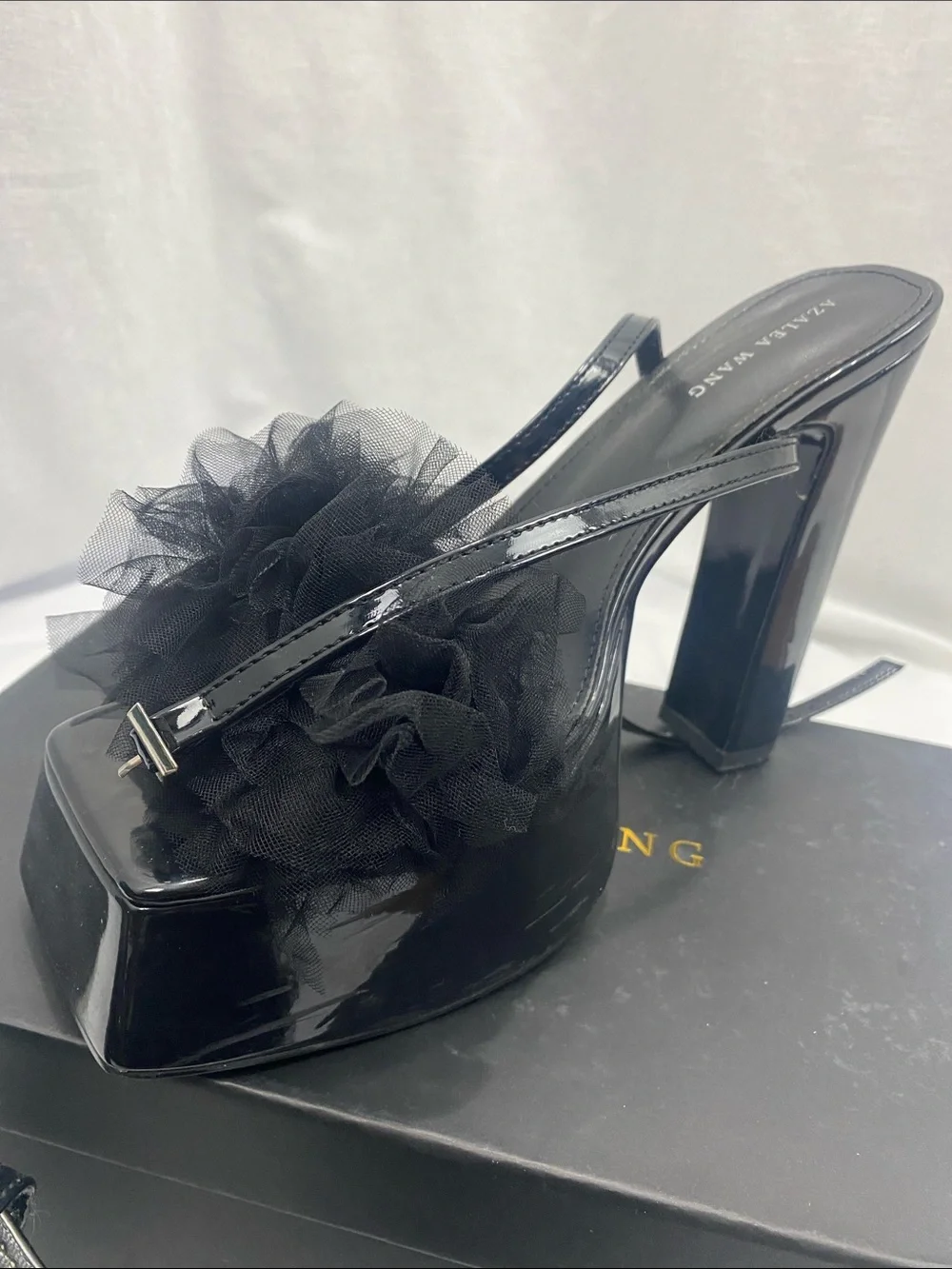 Black Platform Slide Heels with Tulle Pom Accent